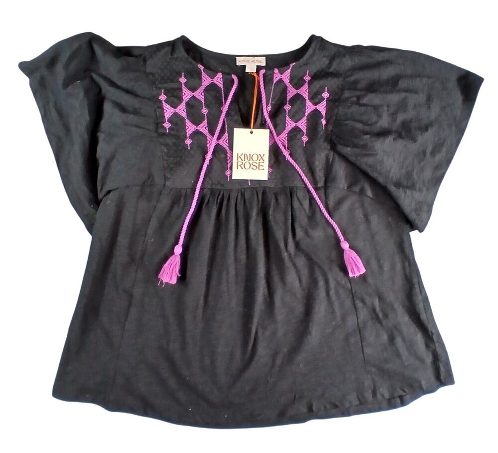 Knox Rose Shirt Women Small Black Boho Cottagecore Short Sleeve Embroidered NWT